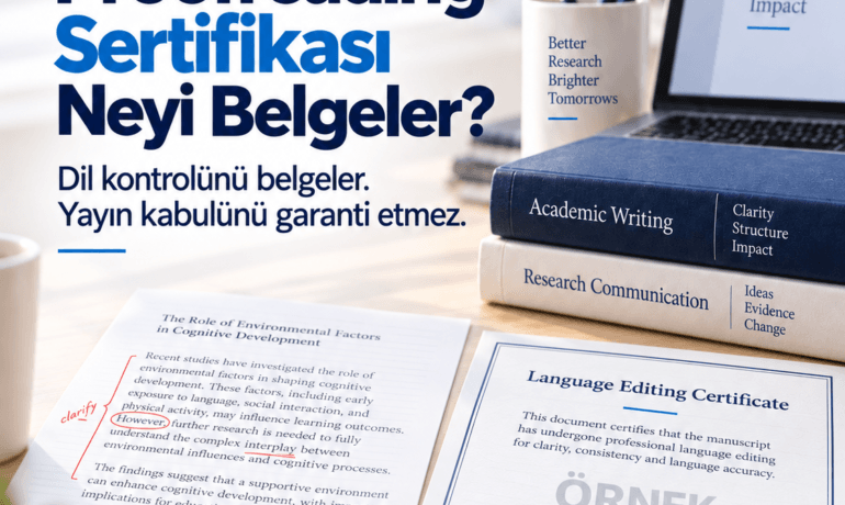 Düzeltilmiş İngilizce makale ve örnek proofreading sertifikasının yer aldığı CertifiedEditing görseli