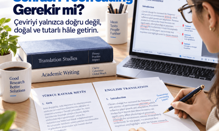 Türkçe kaynak makale ile İngilizce akademik çeviriyi terminoloji ve dil açısından karşılaştıran profesyonel editör.