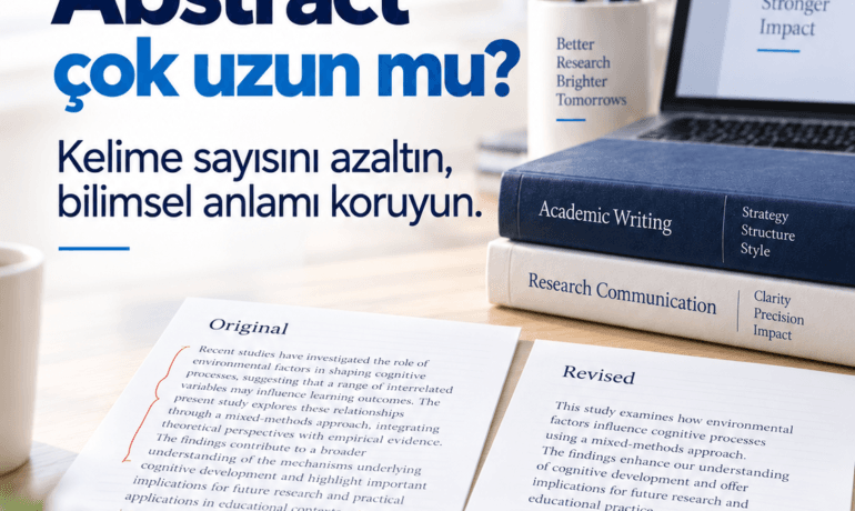 Bilimsel anlamı koruyarak abstract kısaltmayı anlatan, özgün ve düzenlenmiş özetlerin yer aldığı CertifiedEditing görseli