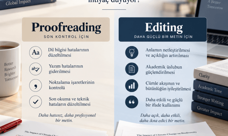 Proofreading ve editing arasındaki farkları gösteren akademik makale dil desteği görseli